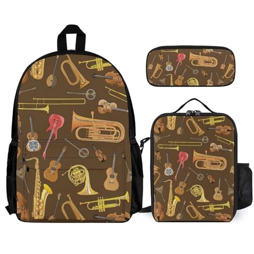Trumpet Musical Instrument Pattern 3 Piece Backpack Sets With Lunch Bag Pencil Case Combination Hiking Travel Work