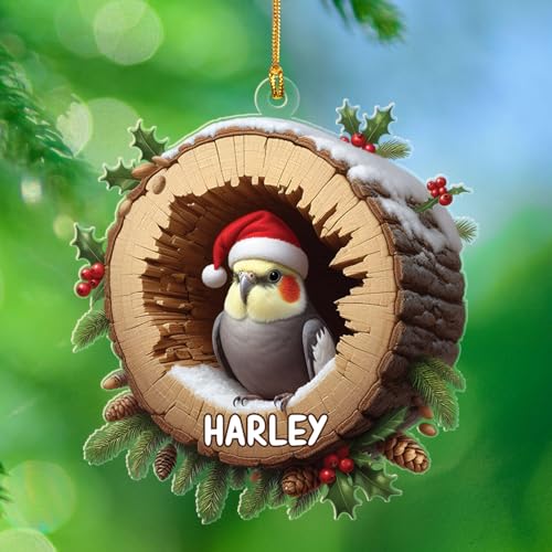 Winter Cockatiel Shaped Ornament Xmas 2025, Personalized Bird Lover Christmas Keepsake Gift, Animal Christmas Tree Decorations, Custom Name Cockatiel Lover Acrylic Ornament Gifts for Men Women Friend