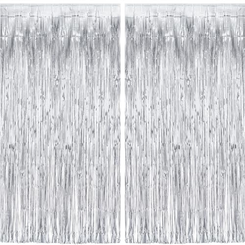 Image of Silver Streamers Metallic Party Backdrop - GREATRIL Foil Fringe Tinsel Curtain for 2026 NYE /Birthdays /Prom /New Years /Graduations /Photo Booth, 8.2ft x 3.2ft - Pack of 2