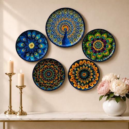 Image of TARUN'S HOME DECOR - Decorative Peacock Mandala Wall Plates Set of 5 | Handcrafted Metal Wall Art for Living Room, Bedroom, Hall & Home Decor | Multicolor Ethnic Hanging Wall Decor
