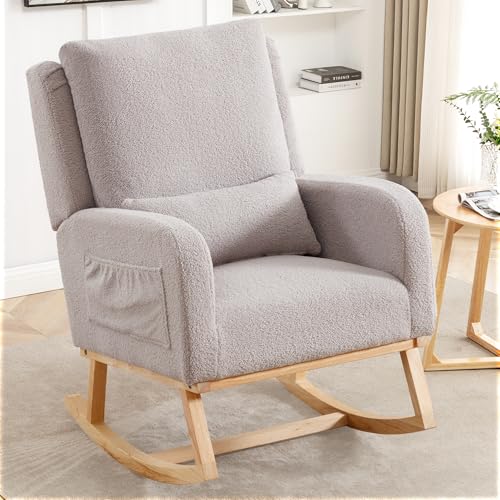 Image of HCHAIRH Rocking Chair Nursery, Sherpa Nursing Rocking Chairs, Upholstered Nursery Glider Rocker for Mom Nursery Morden Accent Rocking Chair Pillow for Living Room,Bedroom,Teddy Light Grey