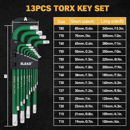 Image of ELEAD Jumbo Torx Key Wrench Set | 13-Piece Durable S2 Star Keys | L-Shaped Long Arm Design | Sizes T10 to T80 | Automotive | Mechanic | Furniture | Professional Grade Tools