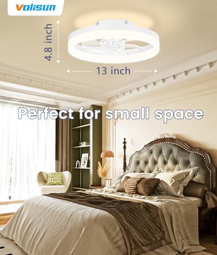 Image of VOLISUN 13 inch Small Ceiling Fans with Lights and Remote, Low Profile Ceiling Fans with Light, 3000K-6500K Dimmable LED Ceiling Light Flush Mount, Bladeless Fandelier Ceiling Fan (White)