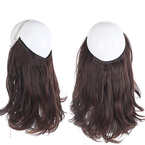 Short Hair Extensions Halo Wire Sercet Crown Wavy Curl Synthetic Brown Hairpieces For