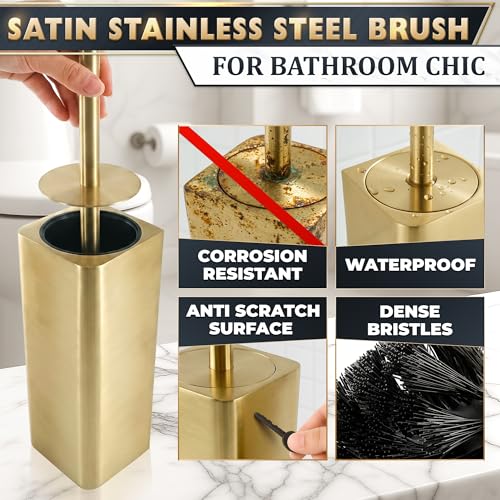 Image of Gold Toilet Brush and Holder Set - Instantly Elevate Your Bathroom Style - Stainless Steel Toilet Bowl Brush and Holder with 2 Rounded Corners, Replaceable Head, Removable Inner Bowl & Splash Guard