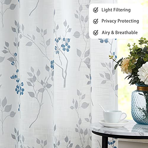Beauoop Floral Semi Sheer Curtains 84 Inch Length For Living Room Bedroom Farmhouse Botanical Leaf Printed Rustic Linen Textured Panel Drapes Rod Pocket Window Treatment, Set Of 2, 50" W, Blue/Gray #TOP1