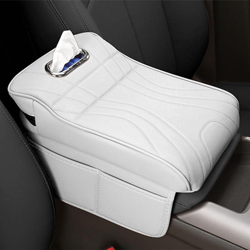 MKWGZPGW Car Armrest Cushion For Jaguar F-Pace 2016-2021, Leather Armrest Protector, Memory Foam Armrest Box, Center Console Cushion Pad with Tissue Box Hole,Beige white-Large