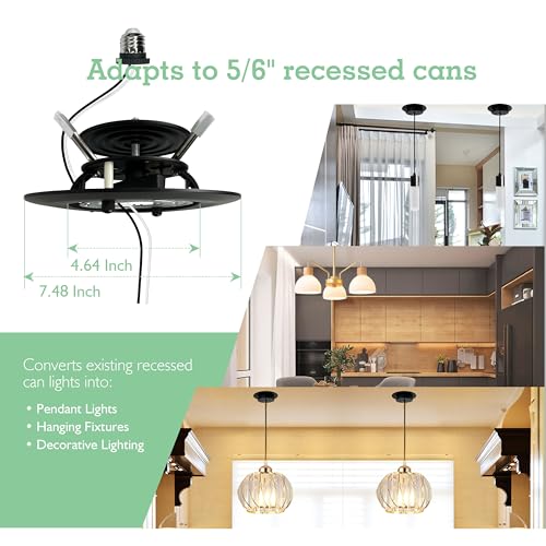 Image of Soliseed 5 /6 inch Recessed Can Light Conversion Kit to Pendant, Black,1 Pack | Instant Recessed Converter for Pendant Lighting, No Tools Needed, Fan compatible, E26 Socket for Kitchen, Island & Bedroom