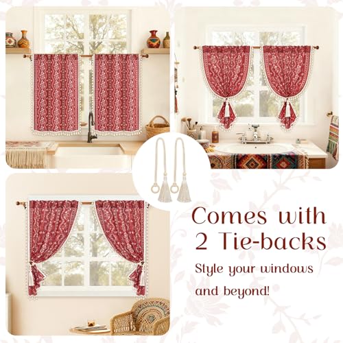 Image of Yinhua Boho Kitchen Curtains 36 Inch Length Vintage Linen Cafe Curtains Light Filtering Bohemian Floral Tier Rod Pocket Farmhouse Rustic Tassel Small Drapes with Tiebacks, 2 Panels, Red