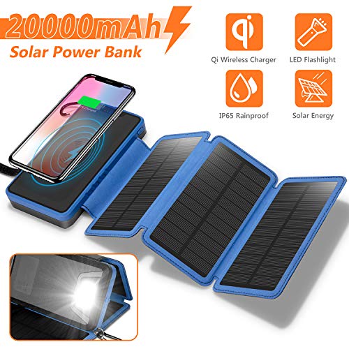 Solar Charger 20000mAh, 4.5W Qi Wireless Charger Portable Power Bank External Battery Pack with 3 Solar Panels, Flashlight, Dual 5V/2.1A USB Port, IP65 Rainproof for Camping Hiking Fishing(Blue)