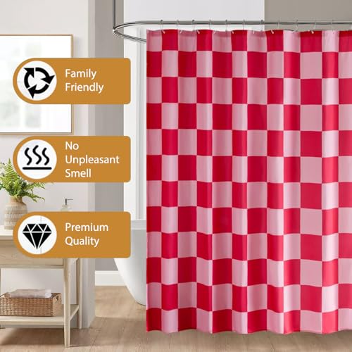 Duschvorhang 180×180cm - Karierter Badevorhang Anti Schimmel Waschbar Wasserdichter Schnelltrocknend für Badewanne mit 12 Haken Retro Schachbrett Shower Curtain Polyester Textil Vorhang (Rot & Pink)