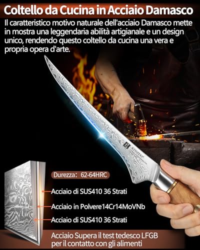 XINZUO 17,8cm Coltello per Sfilettare Acciaio a Polvere di Damasco a 73 Strati -Professionale Coltello da Filetto Cucina Bordo Disossare Pesce e Carne -Manico in Legno d'Ulivo - immagine 3
