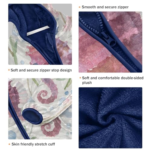 Seahorse Flowers and Blue Circles Toddler Fleece Jacket Girl Boys Hooded Fleece Jacket Coat Warm Outwear Zip-up 3-10T3