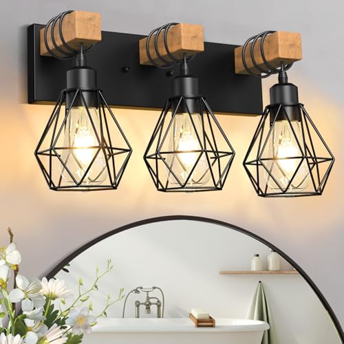 IZORRO Farmhouse Bathroom Vanity Light Fixtures, 3-Light Wood Bathroom Lighting Fixtures Over...