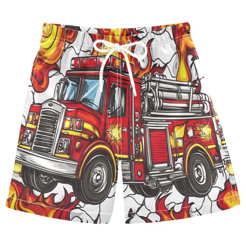 Boys Beach Board Shorts Fire Engine Car Swim Trunk Teen Swimwear 8-16Y Multicolor