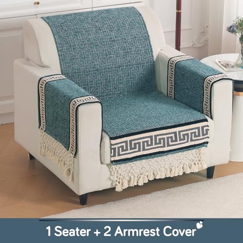 Image of HOKIPO 'Imperial Tassel Series' Thick & Soft Chenille Jacquard Sofa Cover 1 Seater Set for Seat, Back & Arms with Tassels, Muted Turquiose (IN-1009 + IN-1012-I7*2)
