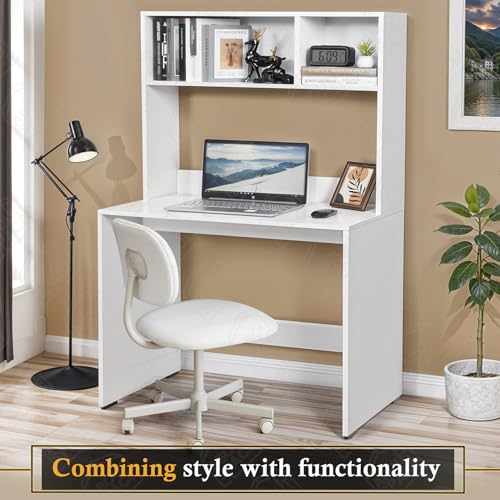 Image of ABOUT SPACE Study Table with Hutch - Computer Table with Storage for PC, Laptop & Writing, Gaming, Drawing DIY Engineered Wood Office Desk for Home (White L 80 x B 45 x H 150 cm)