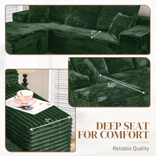 Image of 108 inch L Shaped Boneless Sectional Couches for Living Room, Comfy Corduroy Floor Cloud Sofa with Chaise, Wide Armrest, Deep Seat, Memory Foam, Assembly Free, Ideal for Small Spaces, Green