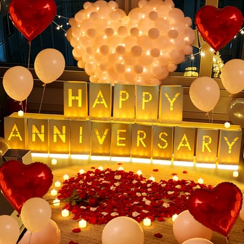 Tobilu Happy Anniversary Light Up Letters Rose Petals LED Tea Lights Candles Latex Foil Balloons Paper Luminary Bags for Her Him Proposal Anniversary Valentines Day Decorations