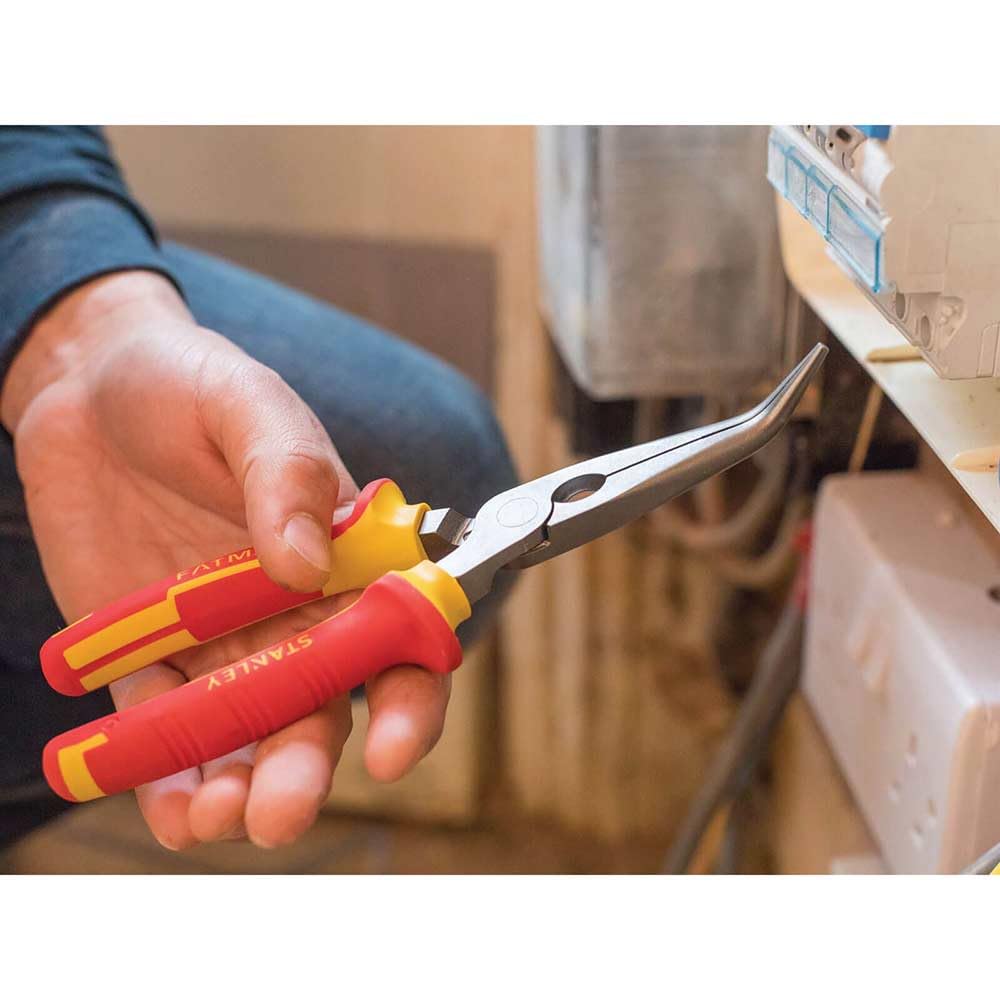 STANLEY 0-84-008 Pince a becs 1/2 ronds longs coudes 200mm isolee 1000v, Jaune/Rouge