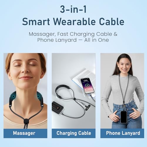 Image of Portronics Pulse Line, 3-in-1 Smart Wearable Cable with Neck Massager & Phone Lanyard, 100W PD Fast Charging Type-C Cable, 480Mbps Data Transfer, Adjustable Nylon Braided Strap for Smartphones&Laptops