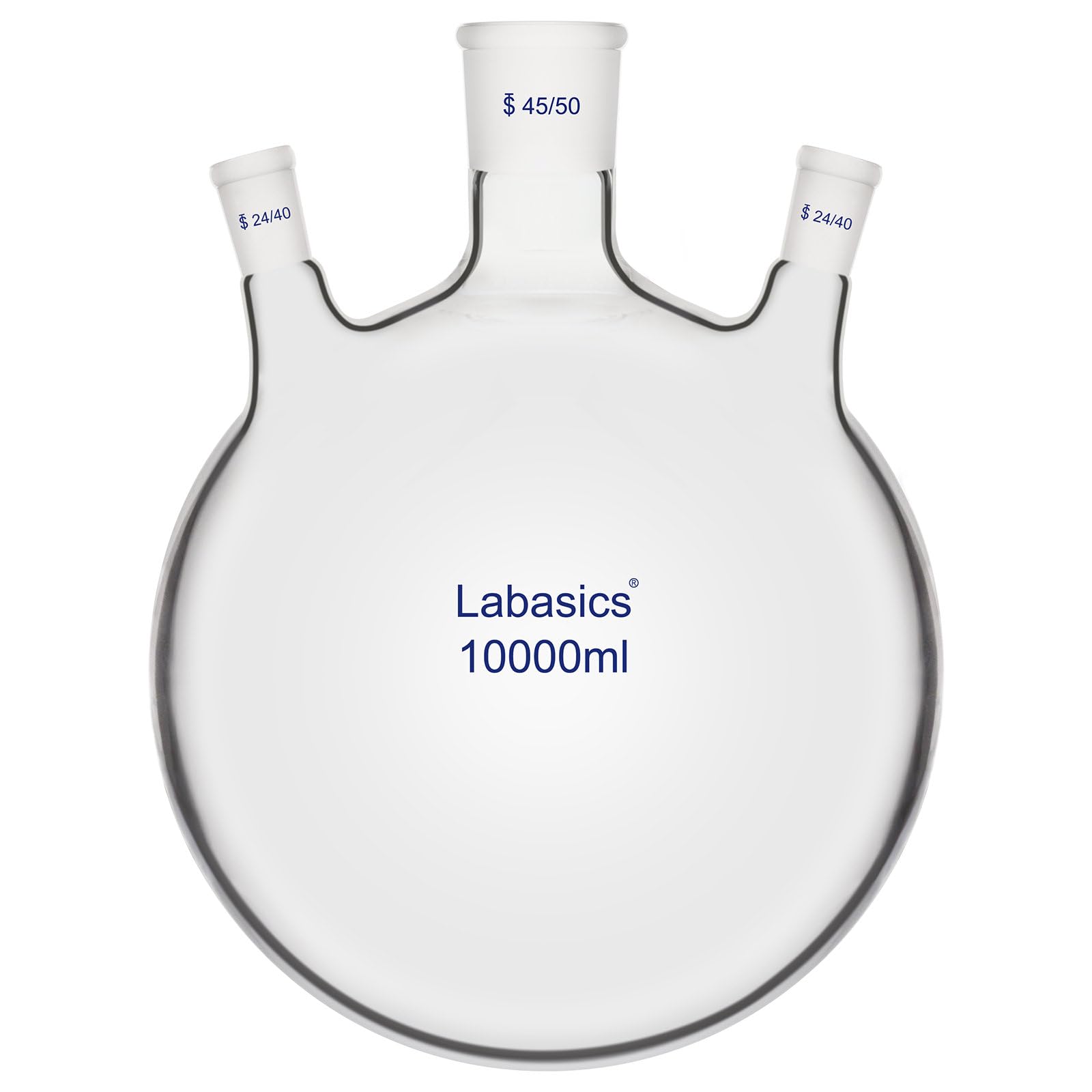 Labasics 3-Hals Rundboden-Siedekolben, 10000 ml Schwerwandiger Borosilikatglas Kolben mit 45/50 Mittel- und Zwei 24/40 Seiten-Schliffen für Mehrstufige Labor-Reaktionen und Erhitzen