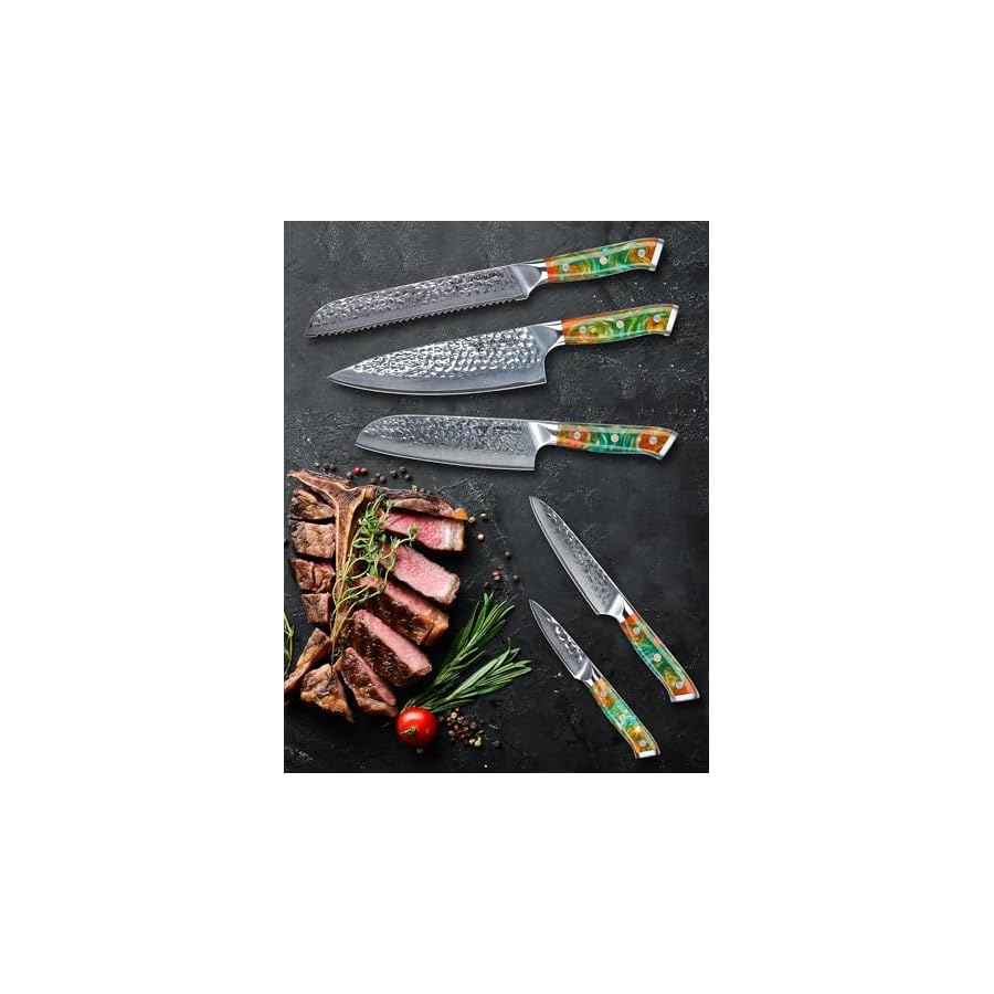 SANMUZUO Kitchen Cooking Knife Set - 5 Pieces Chef Knives- Forged Damascus Steel & Resin Handle - Yao Series