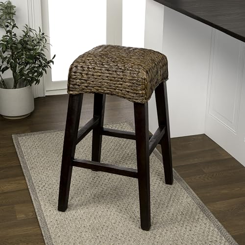 LSB1101C Eyely Butaco Bohemio Rústico con Asiento Trenzado de Jacinto de Agua y Marco de Madera 29.5 pulgadas miniatura 1