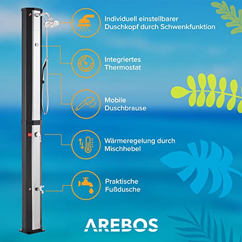 Arebos Solardusche 60 L | mit Handbrause & Thermometer | Wassertemperatur bis zu 60°C Pooldusche | runder Duschkopf | Snap-In Technologie | Inkl. Abdeckhaube&Bodenplatte in Anthrazit – Bild 4