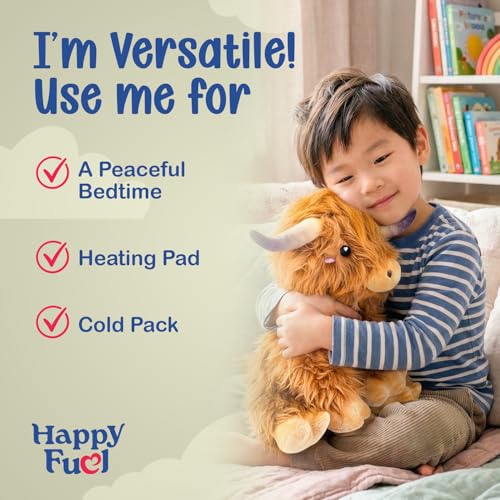 Image of Happy Fuel Highland Cow Microwavable & Weighted Stuffed Animals - 1.5 Lbs Unscented Heating Pad for Period Cramps Pain Relief and Anxiety, Cute Cow Plush Toys Gifts for Women Girls Adults and Kids