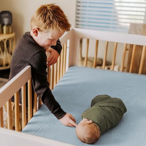 Image of GRSSDER 100% Cotton Muslin Crib Sheet 2 Pack - Breathable & Ultra-Soft Fitted Crib Sheets for Standard Baby & Toddler Mattresses, 52 inchx28 inch with 9 inch Deep Pocket, Snug Fit All-Around Elastic