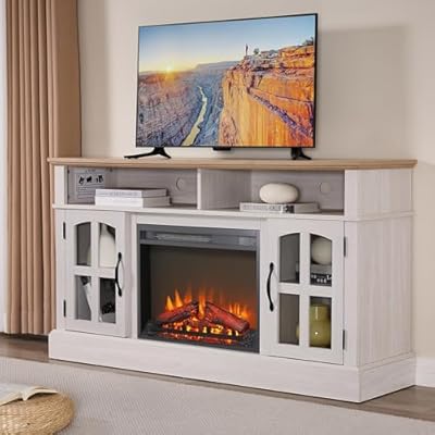 Innoflame Traditional 58" TV Stand with Electric Fireplace, Rustic Entertainment Center for TV up to 70", TV Cabinet w/Storage & Adjustable Shelves, Media Center for Living Room, White