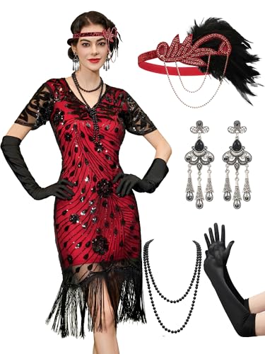 YESSA 20er Jahre Kostüm Damen, Gatsby Kleid Damen mit 20er Jahre Kleid Accessoires, Charleston Flapper outfit,rot,XX-groß