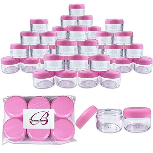 Beauticom 48 Pieces 30 Gram 30 ML (1 Ounce) Round Clear Small Jars with Pink Screw Cap Lid for Lip Gloss, Lip Balm, Hand Butter, Beard Wax, Scrubs, Lotion - BPA Free