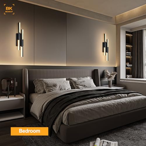 Image of Benkut Modern LED Vanity Lights Set of 2, Black Wall Sconce with Remote Control Dimmable Indoor Wall Light Bedside Remote Sconce for Bedroom Bathroom Living Dining Room (2 Pack H19.7'')
