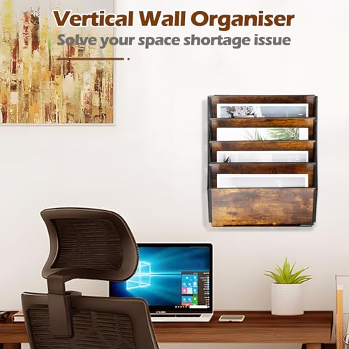 TQVAI 5 Compartimentos Metálica Madera Revistero Pared Documentos Organizador Papeles A4 Colgante Oficina Archivador de Organizador Herramientas Pared, Negro/Antiguo - imagen 6