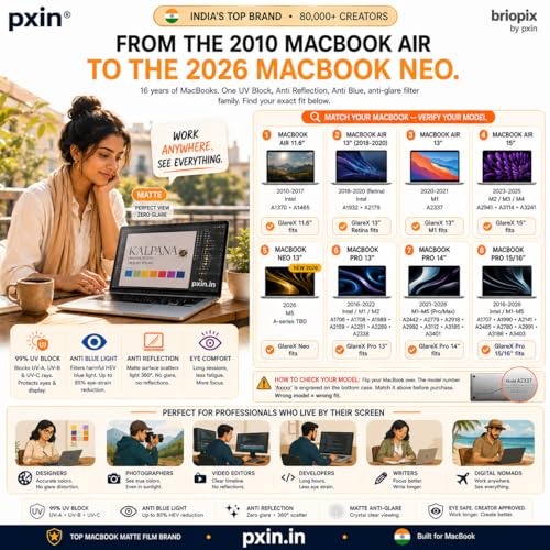 Image of Pxin GlareX Filter compatible with 13 Inch Mac book Air (2018-2020) | Anti Blue | Anti Glare | Anti Reflex | UV Block | BLUVLIGHTBlock & OptiX Layer