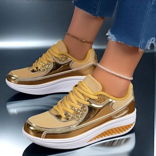 Sequin Sneakers for Women Platform Wedge Lace Up Orthopedic Shoes Comfortable Casual Flatform Arch Support Sneaker Womens Non Slip Walking Tennis Running Sport Workout Athletic Shoes2