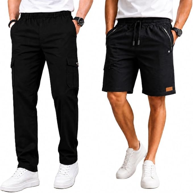 Men's Cargo Pants & Cargo Shorts Combo Pack, Cotton Blend Regular Fit Multi-Pocket Casual Bottom Wear for Gym, Travel, Trekking (Black, Pack of 2)-picture-13
