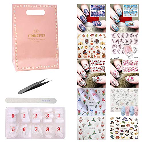False Nail Tips, Aimayla 500 Pieces Natural False Nails 10 Sizes Half Cover French Style Acrylic Press-on Nails with Christmas Stickers Gift Package Box Nail file DIY Nail Art Manicure Tools for Women