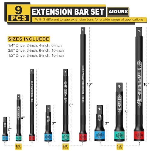 Image of 9 Pcs Impact Extension Bar Set, 1 /4 inch 3 /8 inch 1 /2 inch Drive Socket Extension, CR-V Steel, Narrow and Deep Areas in Bicycle, Automotive Repair or Industrial Operations