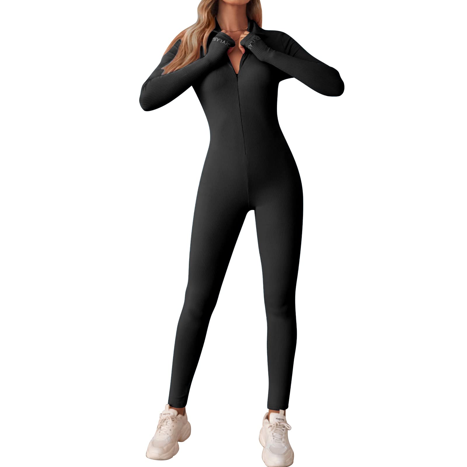 SearchI Mono de Deportivo para Mujer Sexy Bodycon Manga Larga Ropa de Una Pieza Yoga Jumpsuit Push Up con Cremallera Ajustado Elástico Acanalados Romper de Gimnasio Fitness,S/M/L