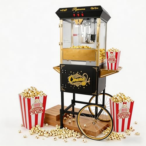 Image of Commercial Popcorn Machine with Cart - 16 OZ Kettle Popcorn Makers with Heating, 3-Switch Control & Tempered Glass Doors, for Office, Schools, Home, Carnival, Movie Theath, Parties, Christmas, Black