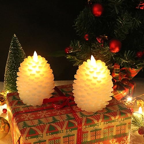 Image of Wondise Pine Cone Flameless Flickering Candles with Remote and Timer, Set of 2 Battery Operated LED Candles Real Wax Christmas Home Decoration Candle(3.5 x 4.7 Inches, White)
