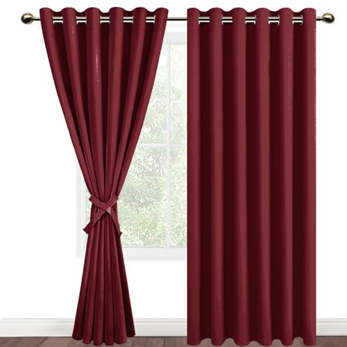 DWCN Blackout Curtains 90 x 90 Inch with Tiebacks for Bedroom Thermal Insulated Solid Eyelet Curtains for Living Room,2 Panels,90" Wide x 90" Drop Burgundy