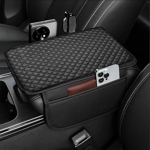 Vizaro Car Armrest Pad PU Leather Cushion Cover with Side Pockets | Universal Center Console Pillow for Car | Soft Ergonomic Elbow Support | Anti-Slip Armrest Protector for All Cars