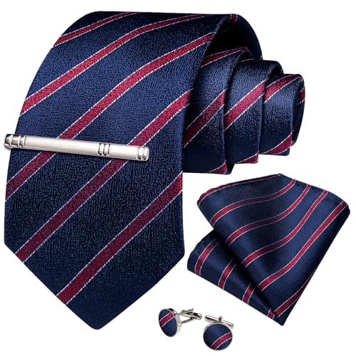 Image of DiBanGu Mens Tie Silk Plaid Striped Necktie and Pocket Square Cufflinks Tie Clip Set with Gift Box Formal Wedding Party