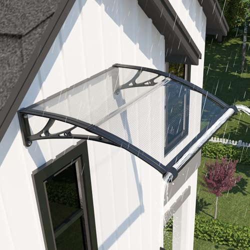 GUANSU-CN Auvent de Porte d'entrée 100x120 cm, Marquise Extérieure en Polycarbonate Anti-UV, Anti-Pluie & Anti-Neige, Abri pour Terrasse & Véranda
