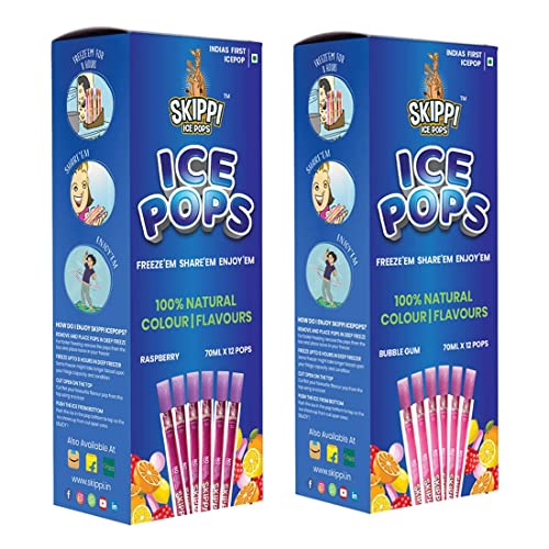 Skippi Icepops 100% Natural Freezer Pops, Juice Bars, Ice Pops – Bubble Gum & Raspberry Flavors (12+12 Pops Boxes)