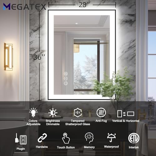 28x36 Lighted Bathroom Mirror, Wall-Mounted, Black Rim Mirror, Vanity(Front and Backlit), Stepless Dimmable CRI90+, Anti-Corrosion, Anti-Rust, Touch Sense, Memory(Horizontal/Vertical)